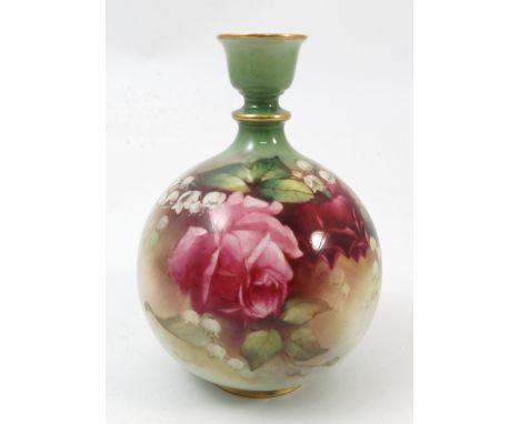 A Royal Worcester Hadley vase, the bulbous body decorated with roses and other flowers, dated 1907, af, height 6.25ins