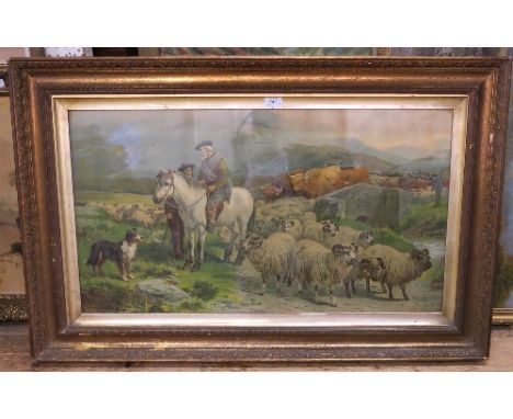 A 19th century style print, of Highland cattle, sheep and figure on horseback, 18.5ins x 33.5ins 