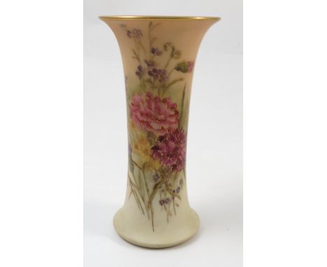 A Royal Worcester blush ivory trumpet shaped vase, decorated with gilded and polychrome flowers, shape G923, circa 1917, heig