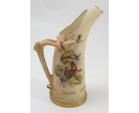 A Royal Worcester blush ivory tusk jug, decorated with flowers and butterfly, to a stylized moulded handle, shape number 1116