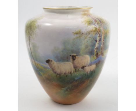 A Royal Worcester vase, hand painted to the front with two sheep and a lamb in rural landscape with silver birch trees, by H 