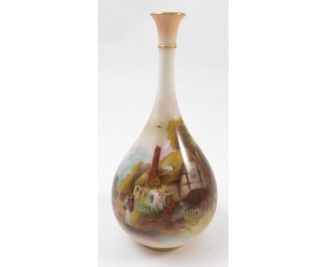 A Royal Worcester vase, decorated with a thatched cottage and figures in a landscape, shape number F105, circa 1910, height 8