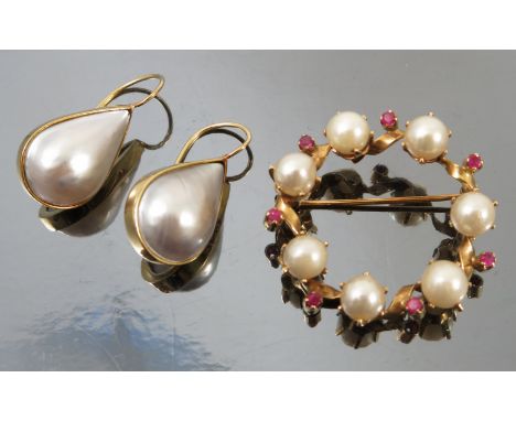 A pair of Mabe pearl earrings, of tear shape, together with a cultured pearl and synthetic ruby circlet brooch, weight 8.7g g