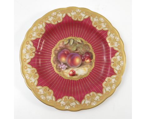 A Royal Worcester cabinet plate, hand painted with fruit to a mossy background, by W Bee, to a burgundy and gilt border with 