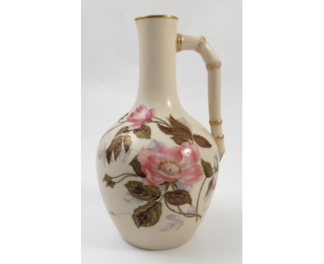 A Royal Worcester gilded ivory jug, decorated with roses, to a bamboo moulded handle, made for Abram French & Co Boston, heig