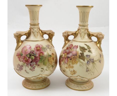 A pair of Royal Worcester blush ivory vases, decorated with floral sprays, to fish mask handles, shape number 1626, circa 190