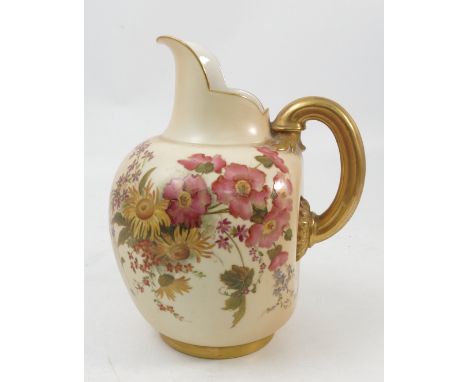 A Royal Worcester blush ivory flat back jug, printed painted with floral sprays, shape number 1094, dated 1902, height 9.5ins