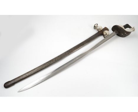An 1885 pattern British cavalry troopers sword, with various stampings to the blade, with steel scabbard