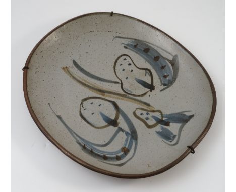 A Michael Leach Yelland Pottery dish, with painted decoration, width 16ins