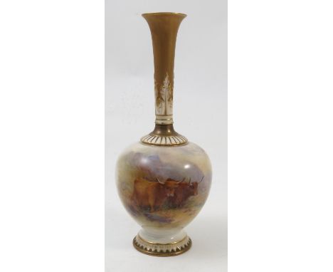 A Royal Worcester vase, with gilt and white neck, the body hand painted with two Highland cattle on landscape to the front by