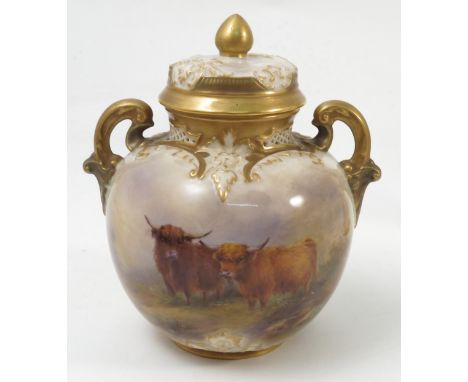 A Royal Worcester covered vase, with piercing to the neck, gilt handles, hand painted to the front with Highland cattle in la