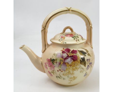 A Royal Worcester blush ivory tea pot, with fixed handle over, printed painted with floral sprays, the lid dated 1902, the po