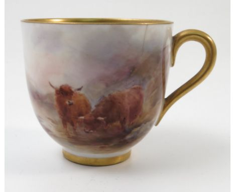 A Royal Worcester cabinet cup, hand painted to the front with two Highland cattle in landscape by H Stinton, af, dated circa 