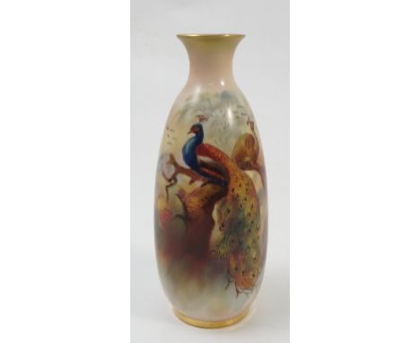 A Royal Worcester vase, decorated with peacocks and pine cones by J Flexman, to blush and gilt ground, shape number 2491, cir