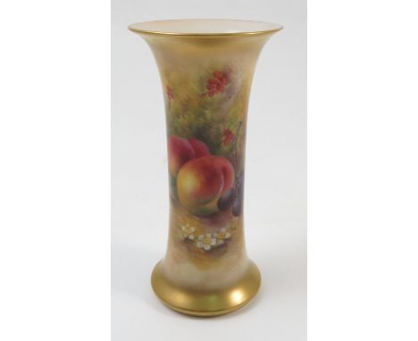 A Royal Worcester vase, of trumpet shape form, decorated half round with hand painted fruit to a mossy background by H Ayrton