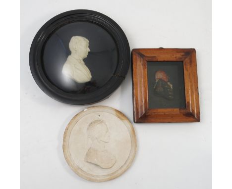 A 19th century French painted wax bust portrait, inscribed verso Robespierre, 4ins x 3.5ins, in birds eye maple veneered fram