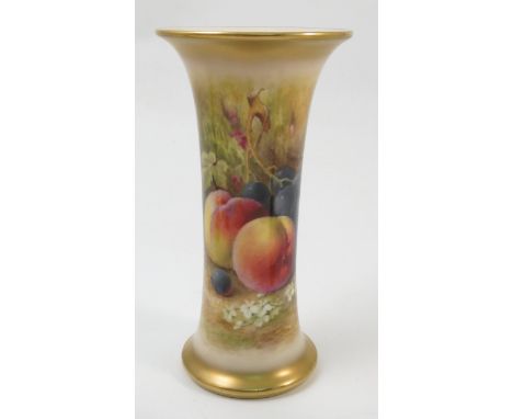 A Royal Worcester vase, of trumpet shape form, decorated half round with fruit to a mossy background, by Ricketts, shape numb