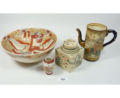 A Japanese late Satsuma bowl 22.5cm diameter, a Japanese Satsuma tea caddy and a coffee pot lacking lid