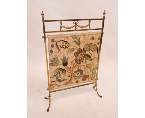 A 19th century brass fire screen with inset embroidered panel, 82 x 55cm 
