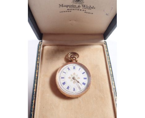A late Victorian 14 carat gold fob watch with enamel dial, cased 