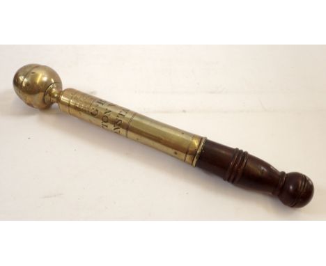 An early 19th century brass and mahogany Bristol police truncheon or tipstaff, 35cm long, engraved Yatton West Constable, wit