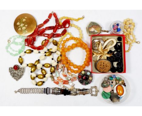 A box of various costume jewellery including a Miracle Celtic style stone set brooch etc. 