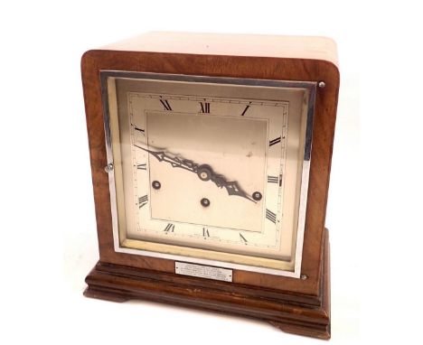 An Art Deco large chiming walnut mantel clock, 28 x 27cm