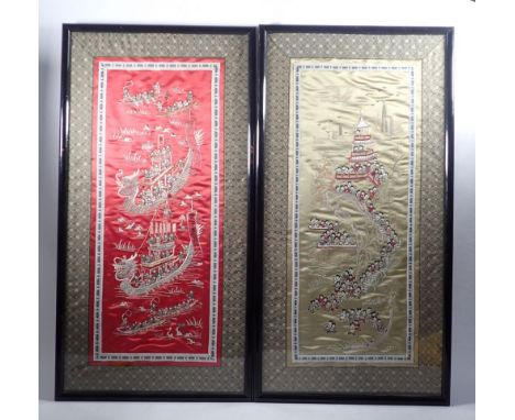 A pair of Chinese embroidered panels of 'One Thousand Boys' 64x32cm and a larger panel 