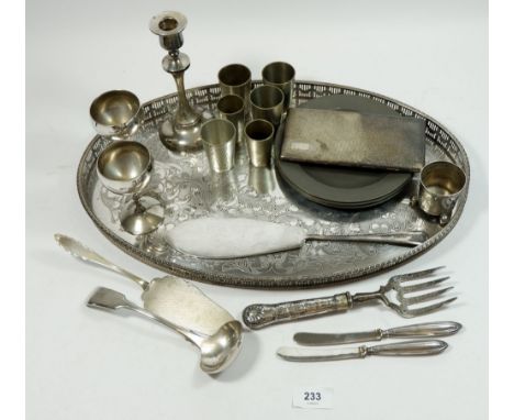 A tray  of silver plate and pewter items plus a silver candlestick 