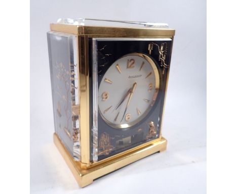 A 1960's Jaeger LeCoultre Atmos clock 'Chinese Aquarium' with gilt brass frame and lucite panels, 23cm tall 