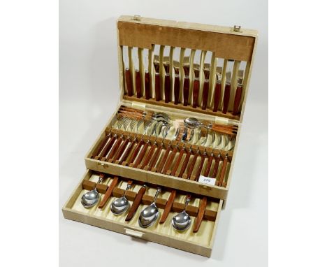 A Vintage cutlery set with wooden handles by 'Glosswood', boxed' 