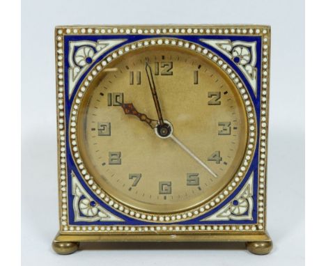 An Art Deco alarm clock with blue and white enamel decoration, 7 x 7 x 2cm 