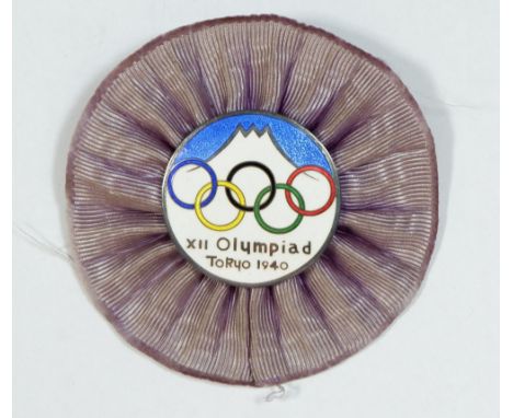 A rare Olympiad Officials enamel badge with purple rosette surround, from the Tokyo cancelled Olympics due to WWII, 1940 