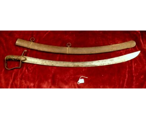 An 18th century cavalry sword with leather and metal hilt and metal scabbard, blade by Woolley