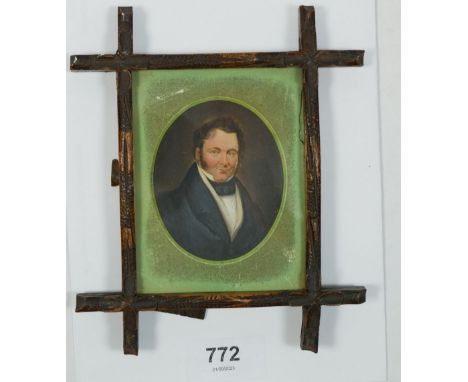 A 19th century watercolour on card miniature portrait of a gentleman, 6 x 7cm 