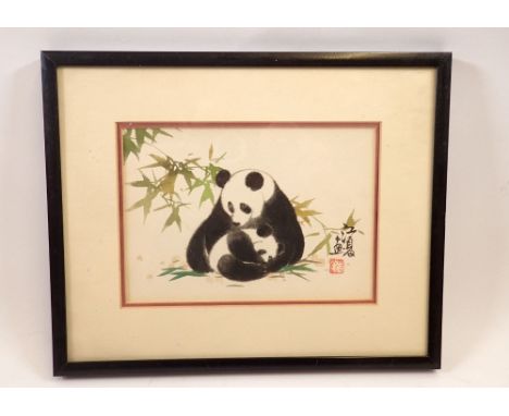 A Chinese watercolour of a Panda and cup with seal mark, 12 x 16cm 
