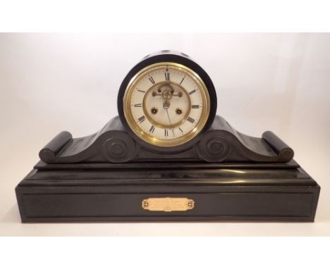 A Victorian large slate mantel clock with visible escapement, presentation plaque dated 1875, 59cm wide 