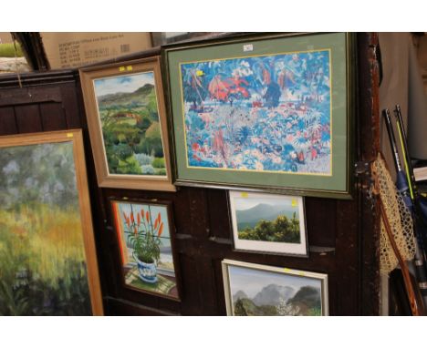 Five pictures, three oil paintings, photographic print and a print 