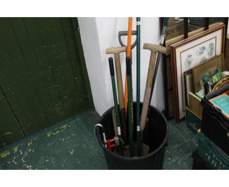 Garden tools - rake, Wilkinson Sword fork, steering lock etc