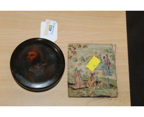 Needlework wallet and a lacquered box with portrait to lid