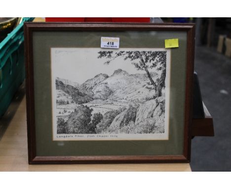 Alfred Wainwright signed print Langdale Pikes from Chapel Stile