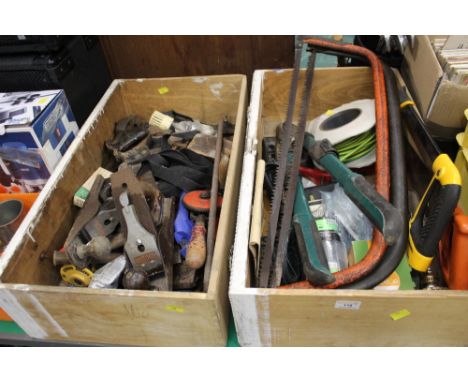Two boxes of hand tools, Stanley and record planes, saws, hand drill etc 