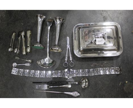 Silver plated entree dish, selection of silver plated cutlery, ladle, spill vases, nurses belt etc