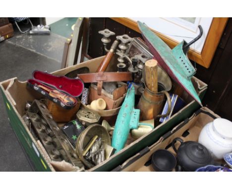 Box of misc submarine models, candlestick, wooden boxes, model violin, playing cards etc 