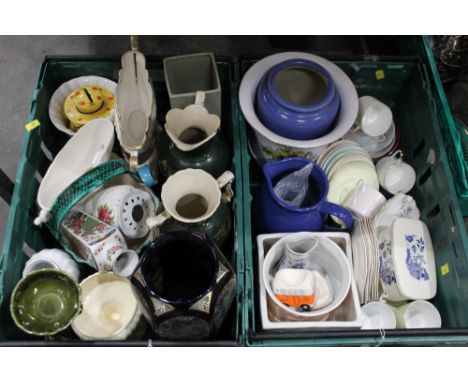 Two boxes of china, planters, vases, cups, saucers etc