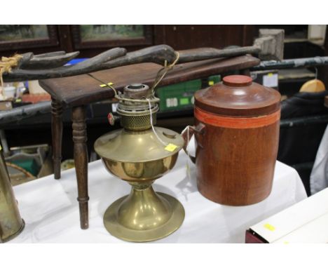 Vintage stool, oil lamp and canister 