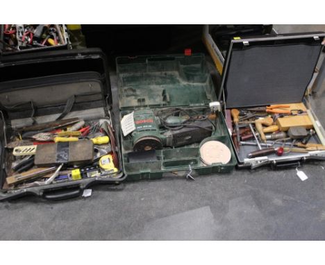 Cased Bosch PEX 400 AE sander and two cases of hand tools
