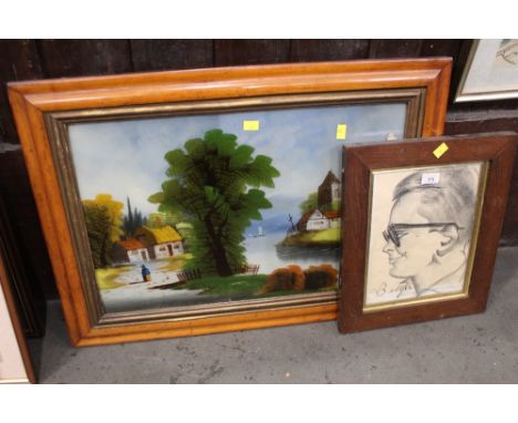 Pencil portrait and a picture on glass  