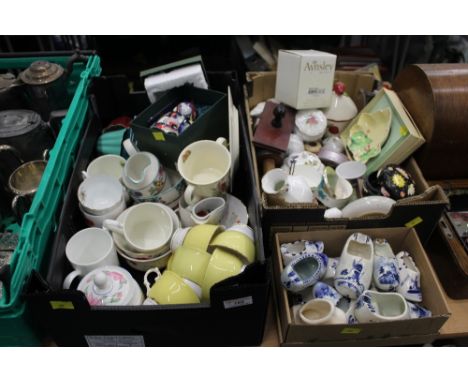 Three boxes of Delft clogs, part tea sets, Carltonware leaf dish, Aynsley vases etc
