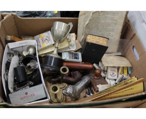 Crested ware, brass candlesticks, vintage cigarette boxes, hip flask, postcards etc 